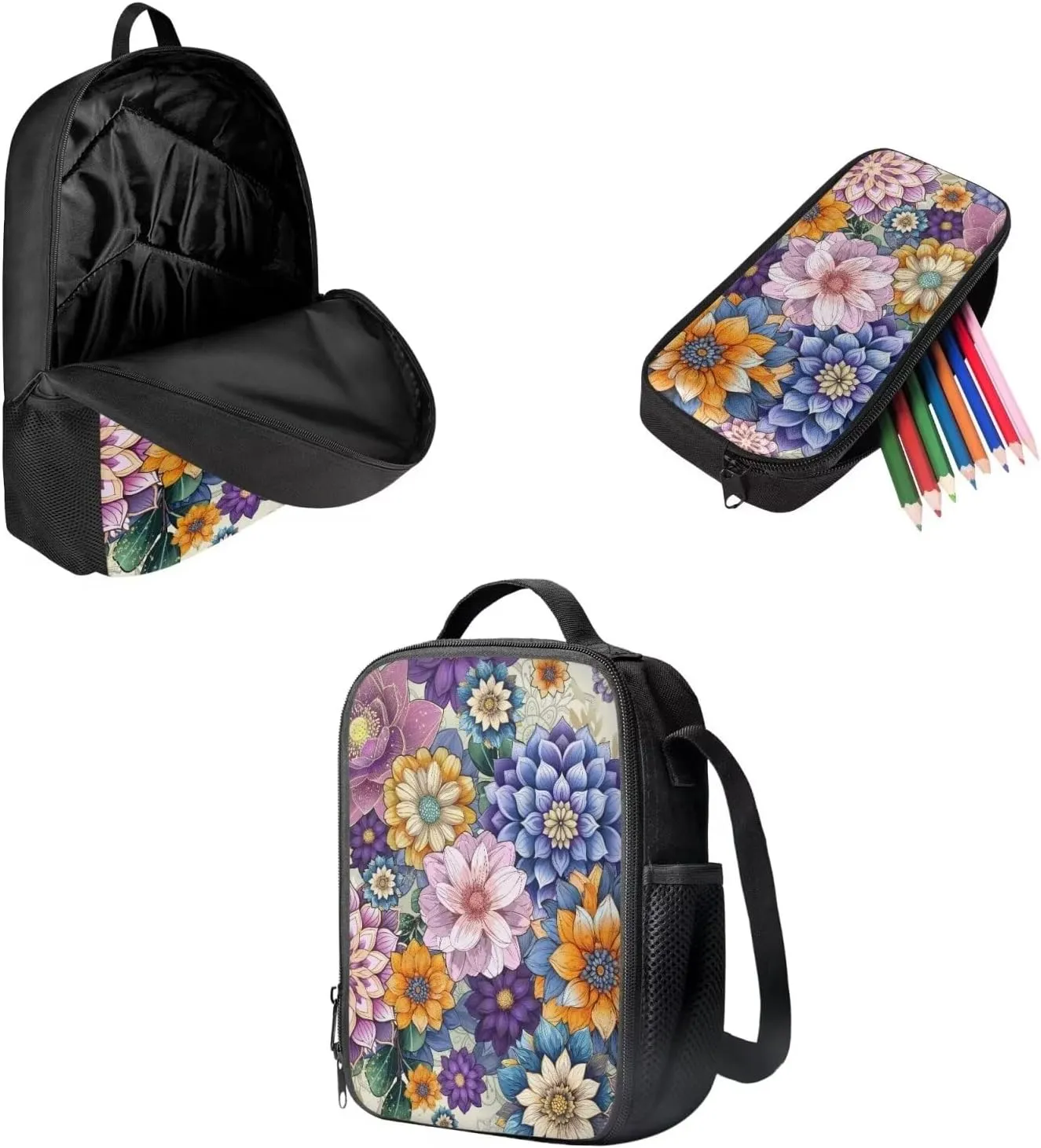Mumeson Boho Flowers Kids Backpack Set 3 Pack Set Large Capacity School Bag Large Capacity Organizer Book Bags with Insulated Thermal Lunch Bag Small Pencase