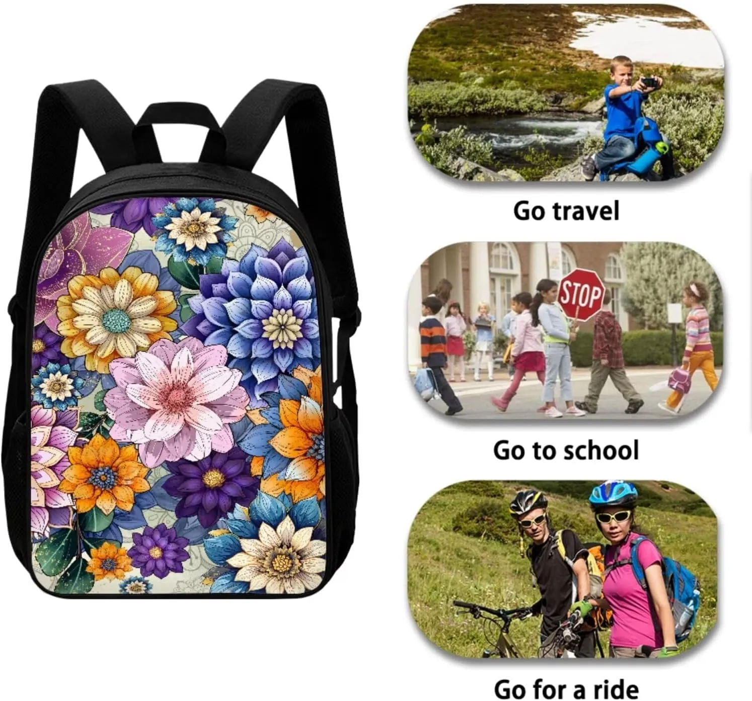 Mumeson Boho Flowers Kids Backpack Set 3 Pack Set Large Capacity School Bag Large Capacity Organizer Book Bags with Insulated Thermal Lunch Bag Small Pencase