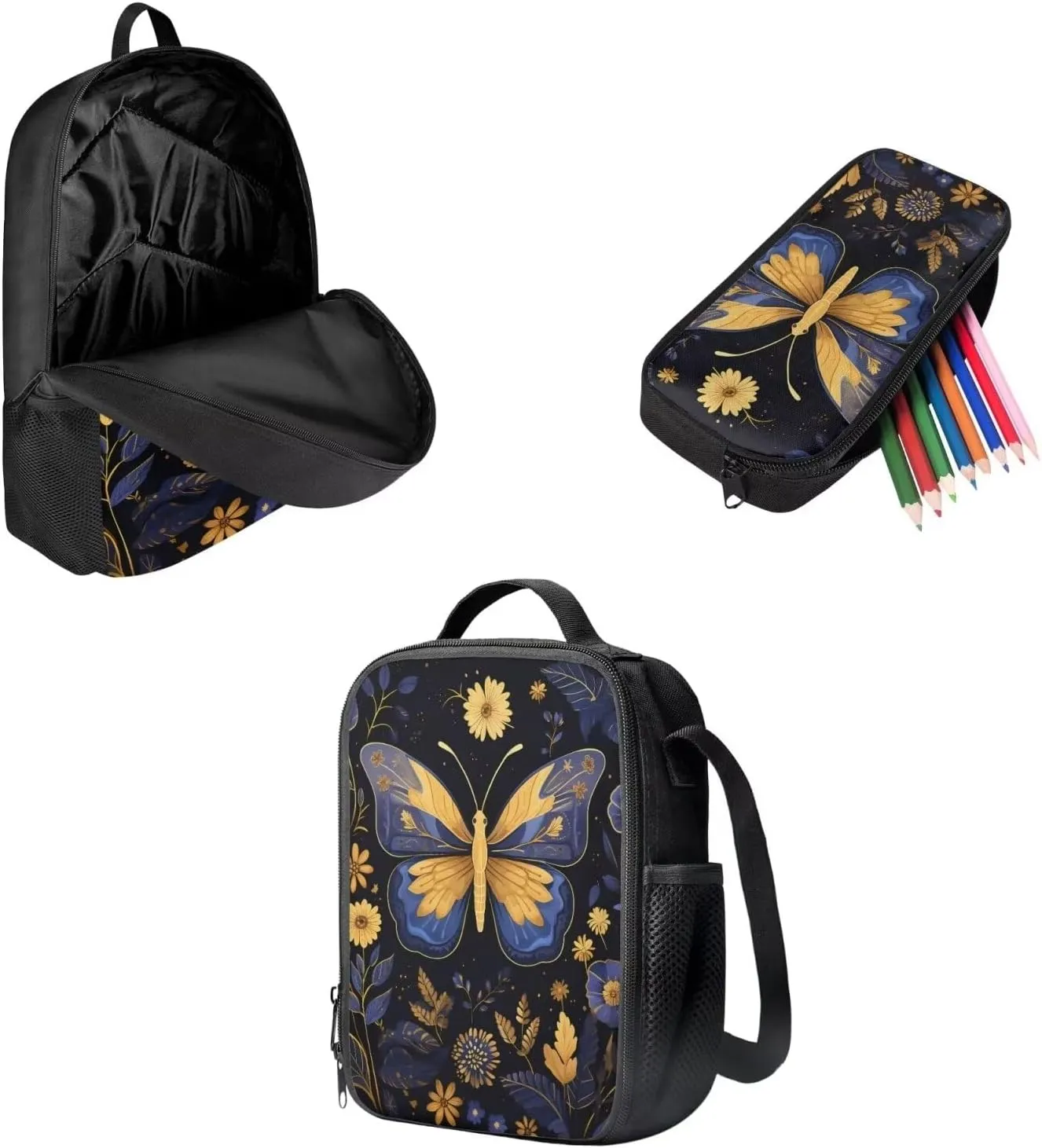 Mumeson Butterfly Backpacks Big Capacity Bookbag School Bags Set Portable Insulated Lunch Bag with Side Mesh Pocket Small Pencil Case Back to School Supplies 3 Pack Set