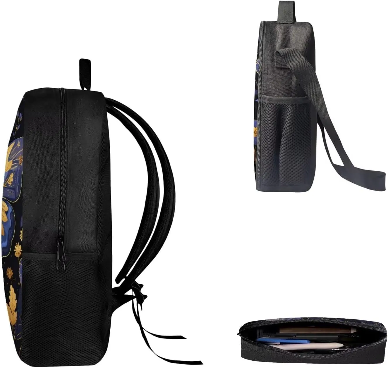 Mumeson Butterfly Backpacks Big Capacity Bookbag School Bags Set Portable Insulated Lunch Bag with Side Mesh Pocket Small Pencil Case Back to School Supplies 3 Pack Set