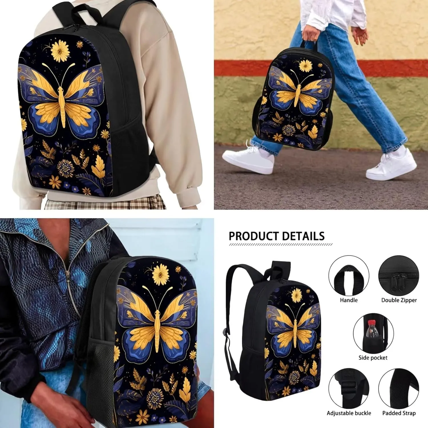 Mumeson Butterfly Backpacks Big Capacity Bookbag School Bags Set Portable Insulated Lunch Bag with Side Mesh Pocket Small Pencil Case Back to School Supplies 3 Pack Set