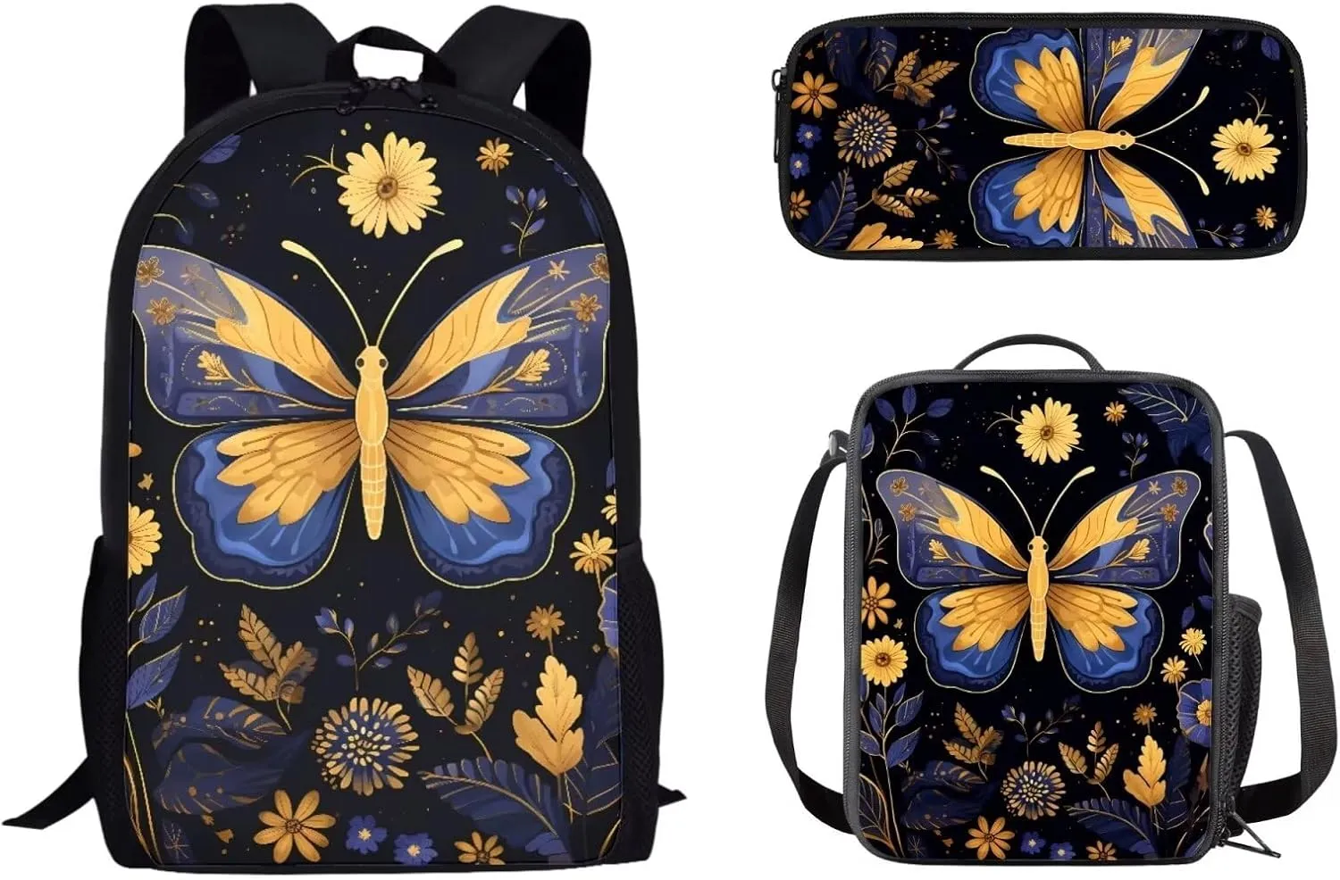 Mumeson Butterfly Backpacks Big Capacity Bookbag School Bags Set Portable Insulated Lunch Bag with Side Mesh Pocket Small Pencil Case Back to School Supplies 3 Pack Set