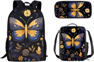 Mumeson Butterfly Backpacks Big Capacity Bookbag School Bags Set Portable Insulated Lunch Bag with Side Mesh Pocket Small Pencil Case Back to School Supplies 3 Pack Set