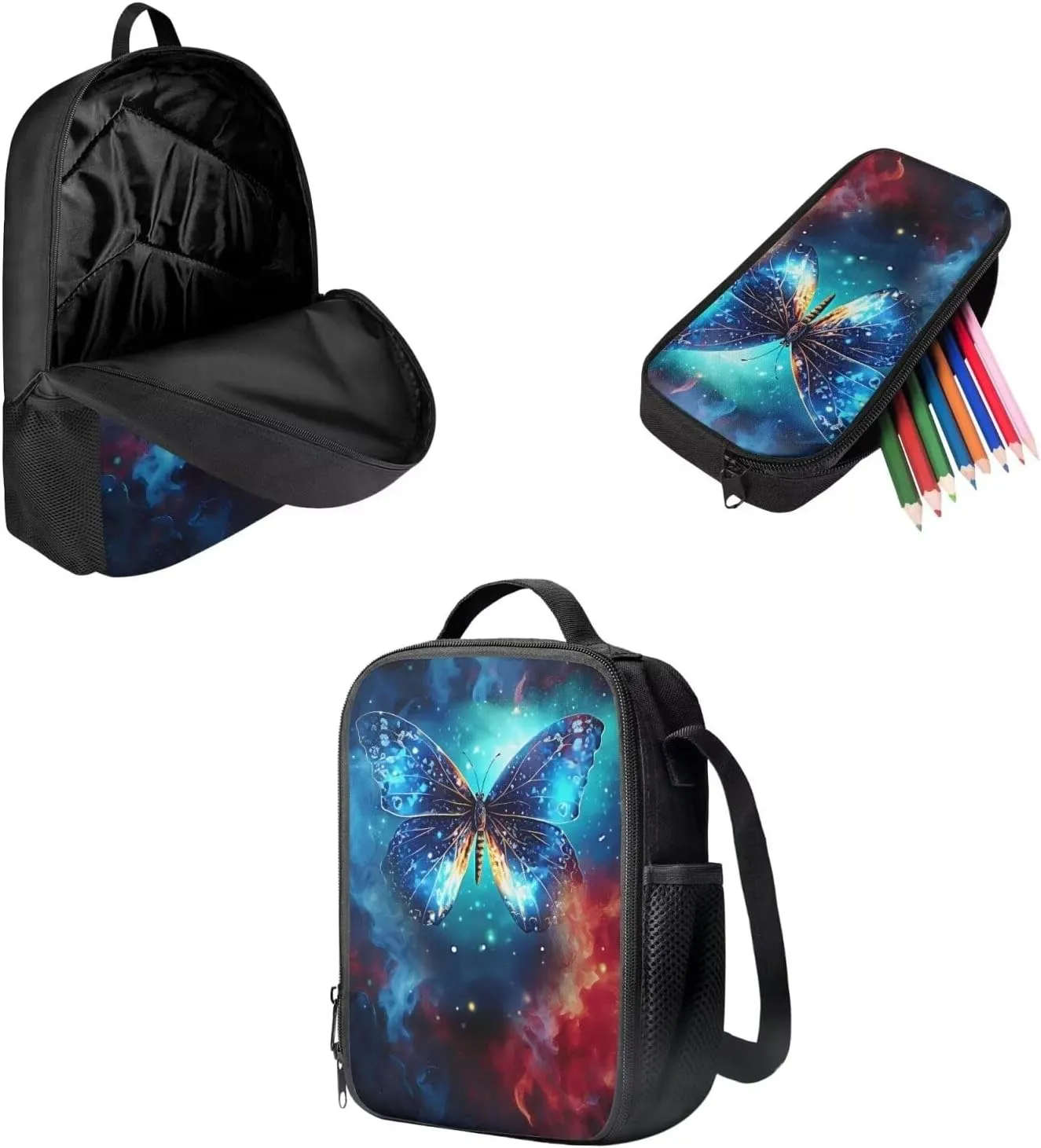 Mumeson Butterfly School Bags Set 3 Pack Schoolbag Bookbag Organizer Satchel Day Pack and Heat Insulated Lunch Bag Pencil Case School Study Supplies