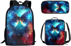 Mumeson Butterfly School Bags Set 3 Pack Schoolbag Bookbag Organizer Satchel Day Pack and Heat Insulated Lunch Bag Pencil Case School Study Supplies