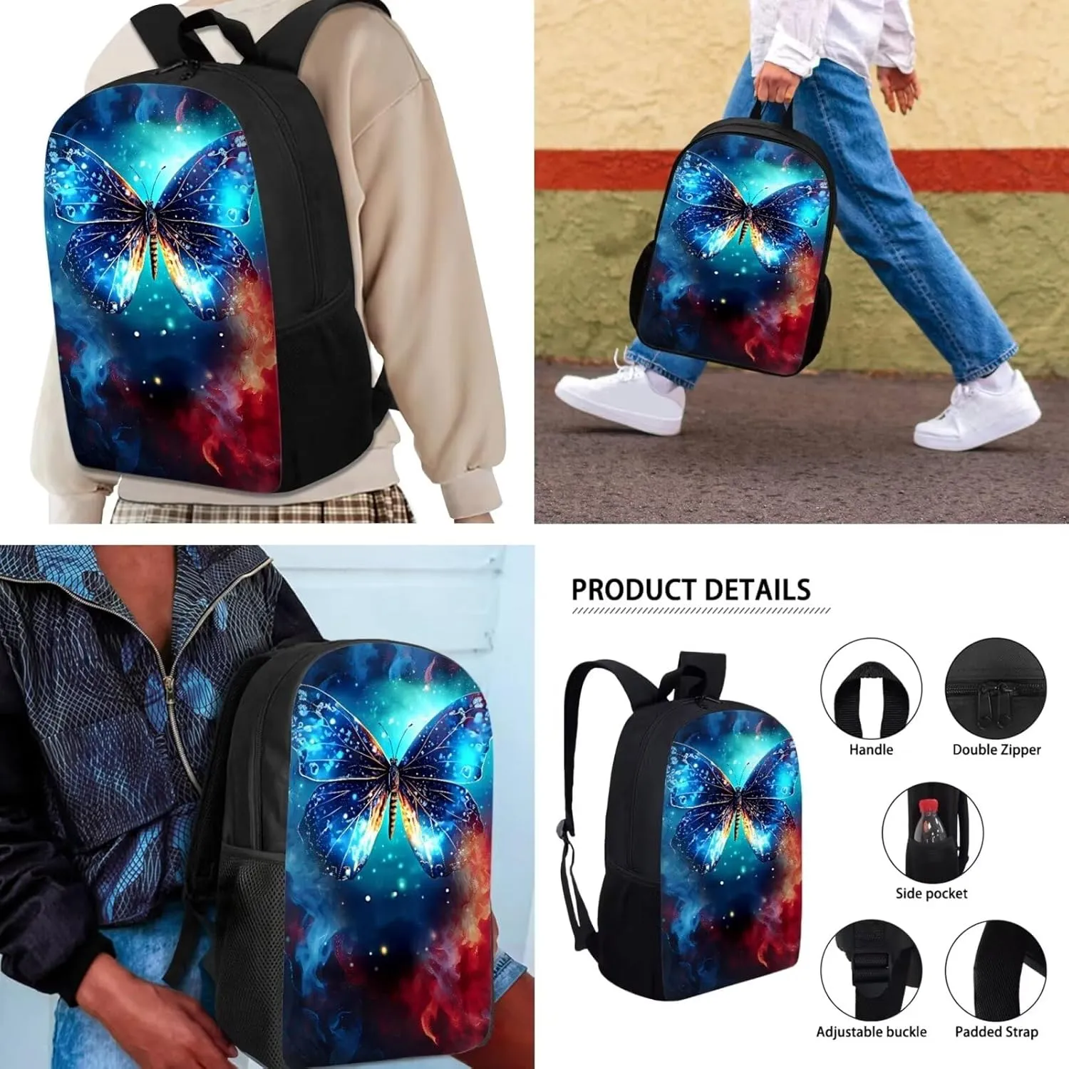 Mumeson Butterfly School Bags Set 3 Pack Schoolbag Bookbag Organizer Satchel Day Pack and Heat Insulated Lunch Bag Pencil Case School Study Supplies