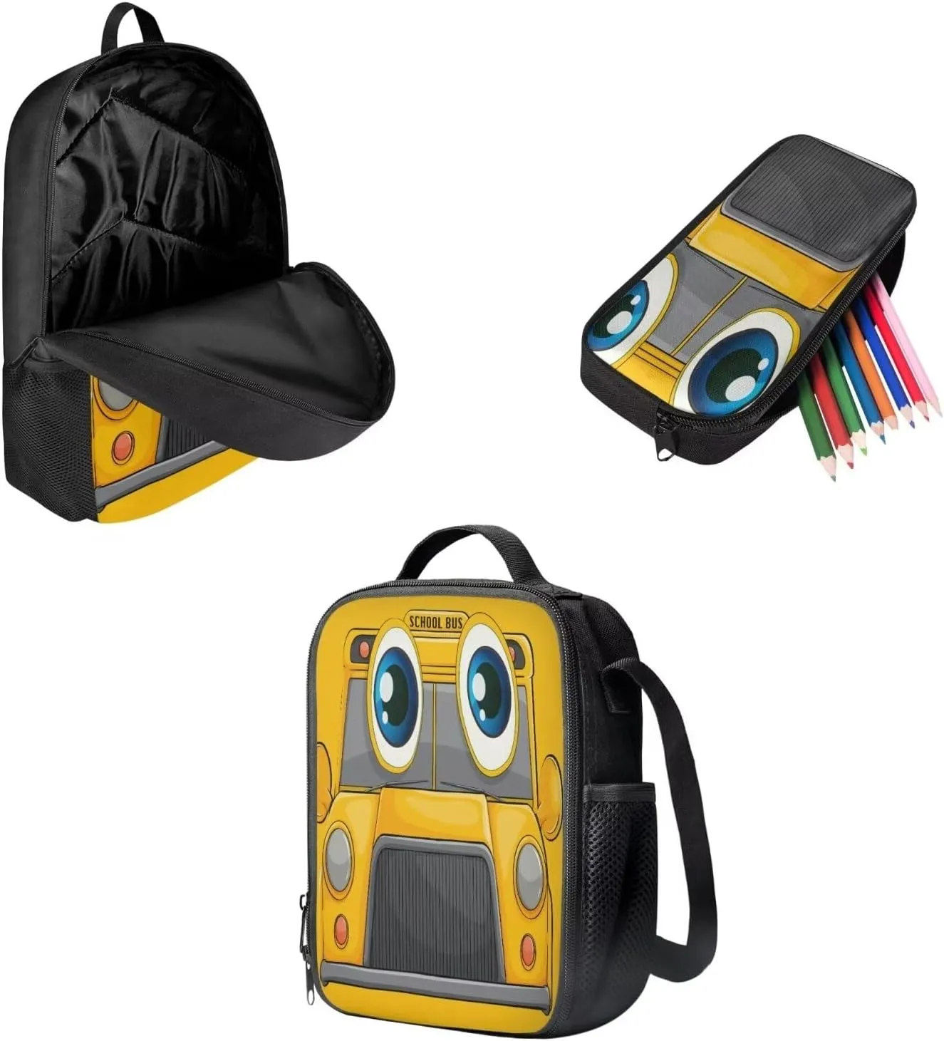 Mumeson Car Kids Backpack Set 3 Pack Set Large Capacity School Bag and Lightweight Lunch Bags Portable Pencil Case Back to School Supplies
