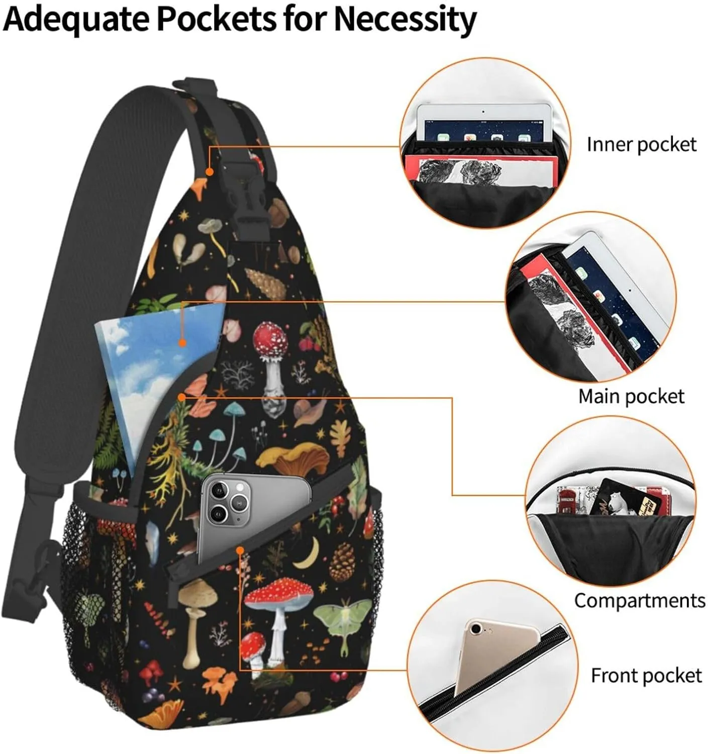 Mushroom Sling Bag Crossbody Travel Hiking Backpack Daypack Mushroom Gifts for Women Men Unisex,Shoulder Chest Bags Cycling Gym