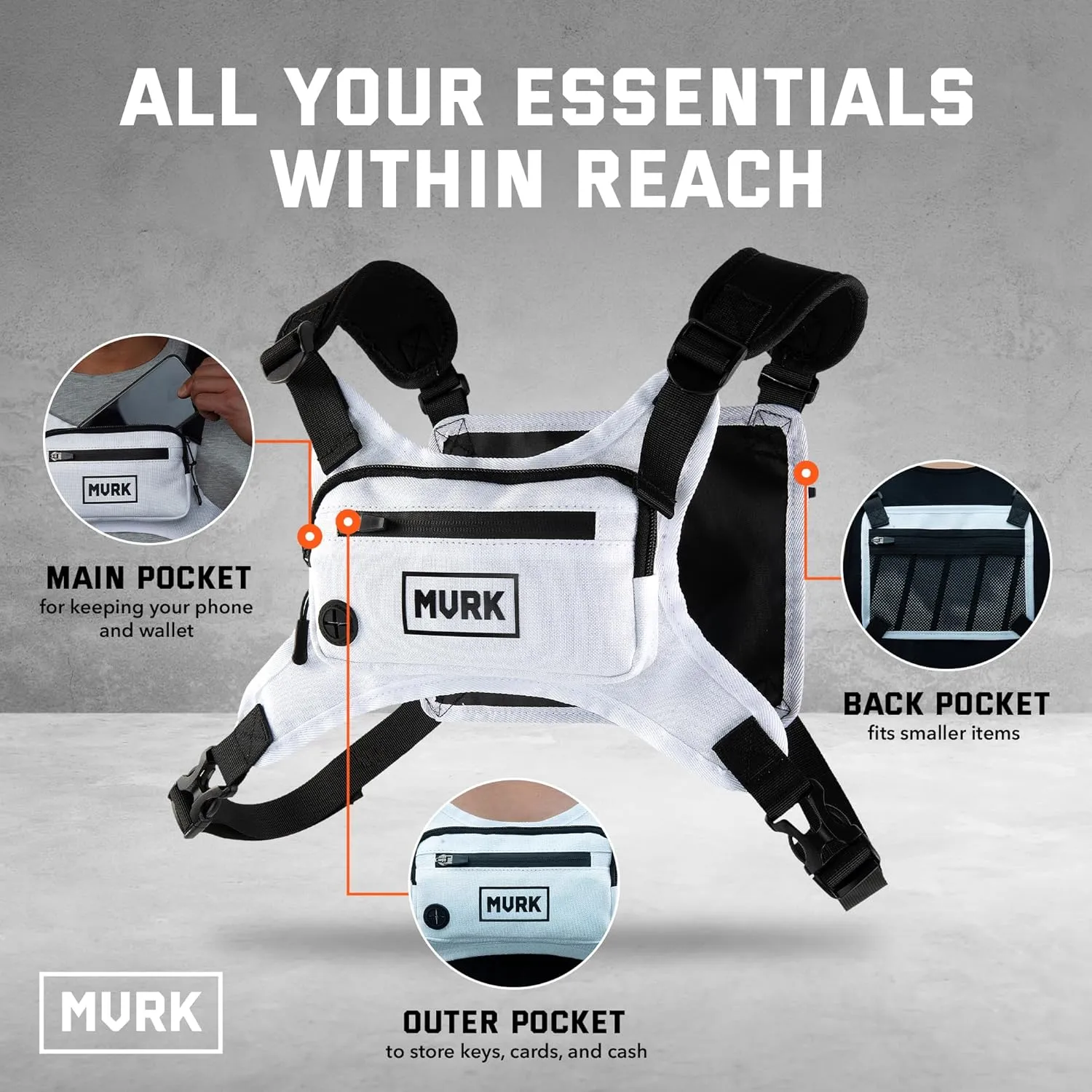 MVRK Water Resistant Chest Pack - Running Vest for Workouts, Running Phone Holder Extra Storage, Lightweight Running Pack