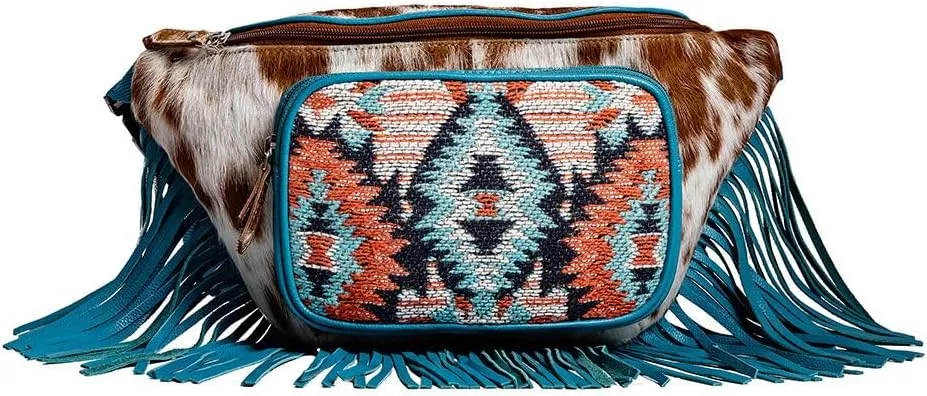 Myra Bag Fanny Pack for Women - Western Upcycled Hairon & Leather Tassel Waist Pack Bag Tonga Ridge Blue