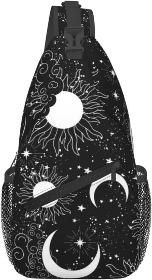 Mystical Sun Black White Moons And Stars Sling Backpack Casual Crossbody Shoulder Bag Travel Hiking Daypack Unisex Chest Bags For Women Men Outdoor Sport