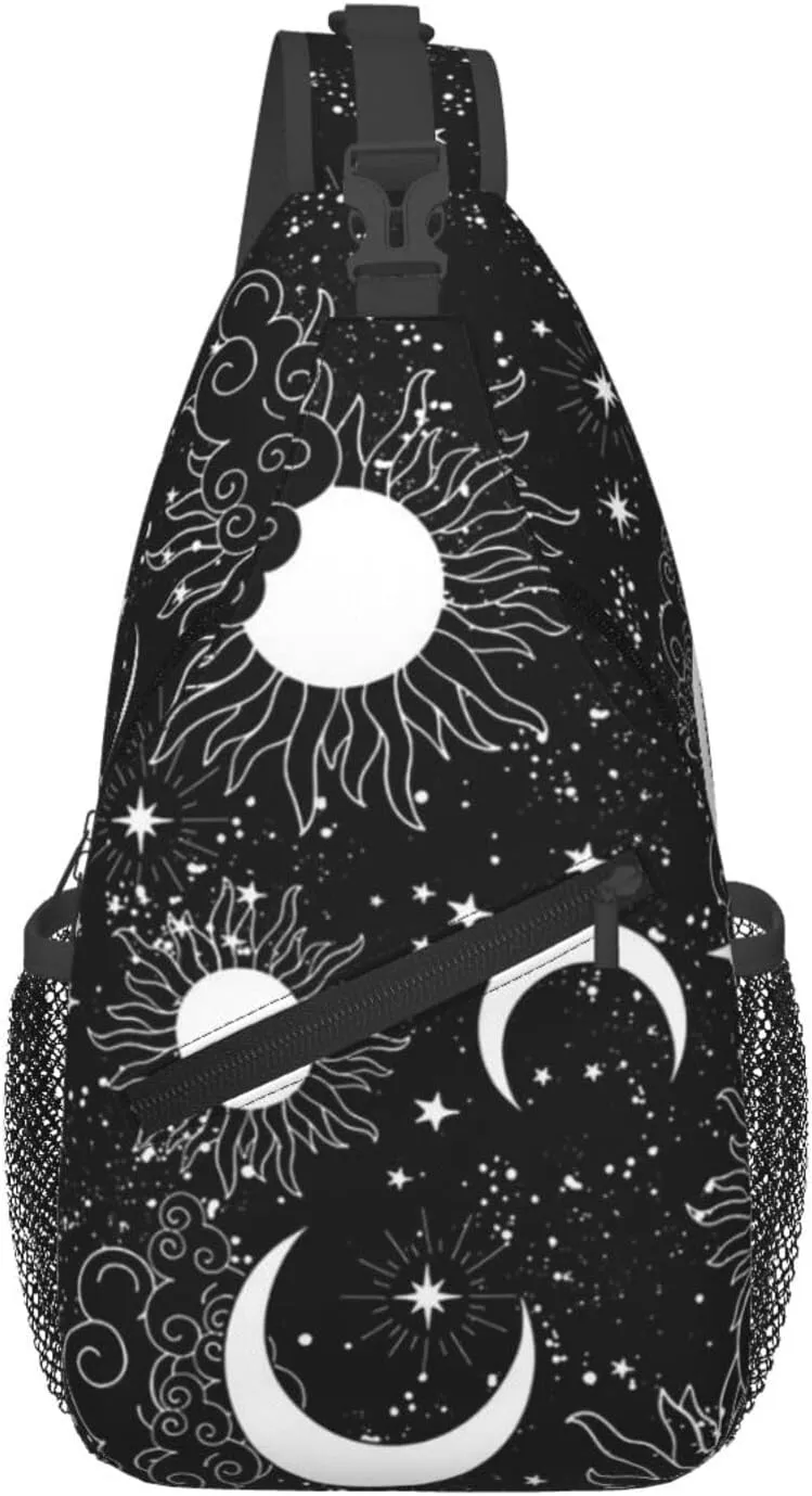 Mystical Sun Black White Moons And Stars Sling Backpack Casual Crossbody Shoulder Bag Travel Hiking Daypack Unisex Chest Bags For Women Men Outdoor Sport