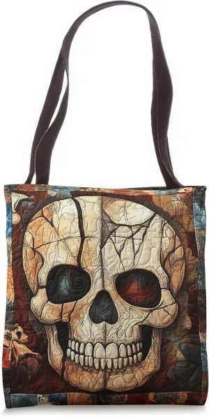 Mystique Horror Skull Quilted Floral Skull Spooky Embroidery Tote Bag