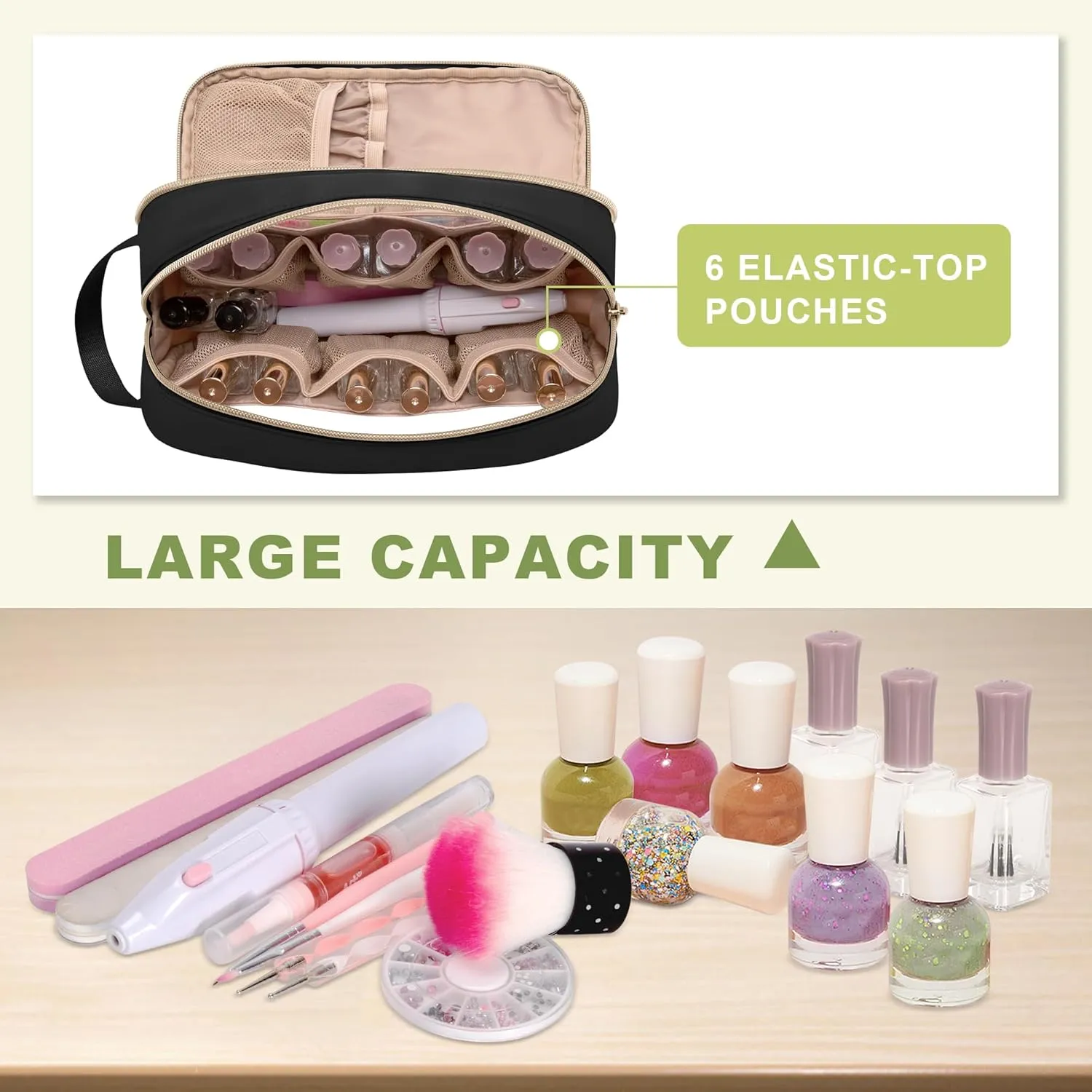Nail Polish Organizer Case Fits 12 Bottles (15ml), Nail Polish Supplies Storage Bag with Clear Window, Black