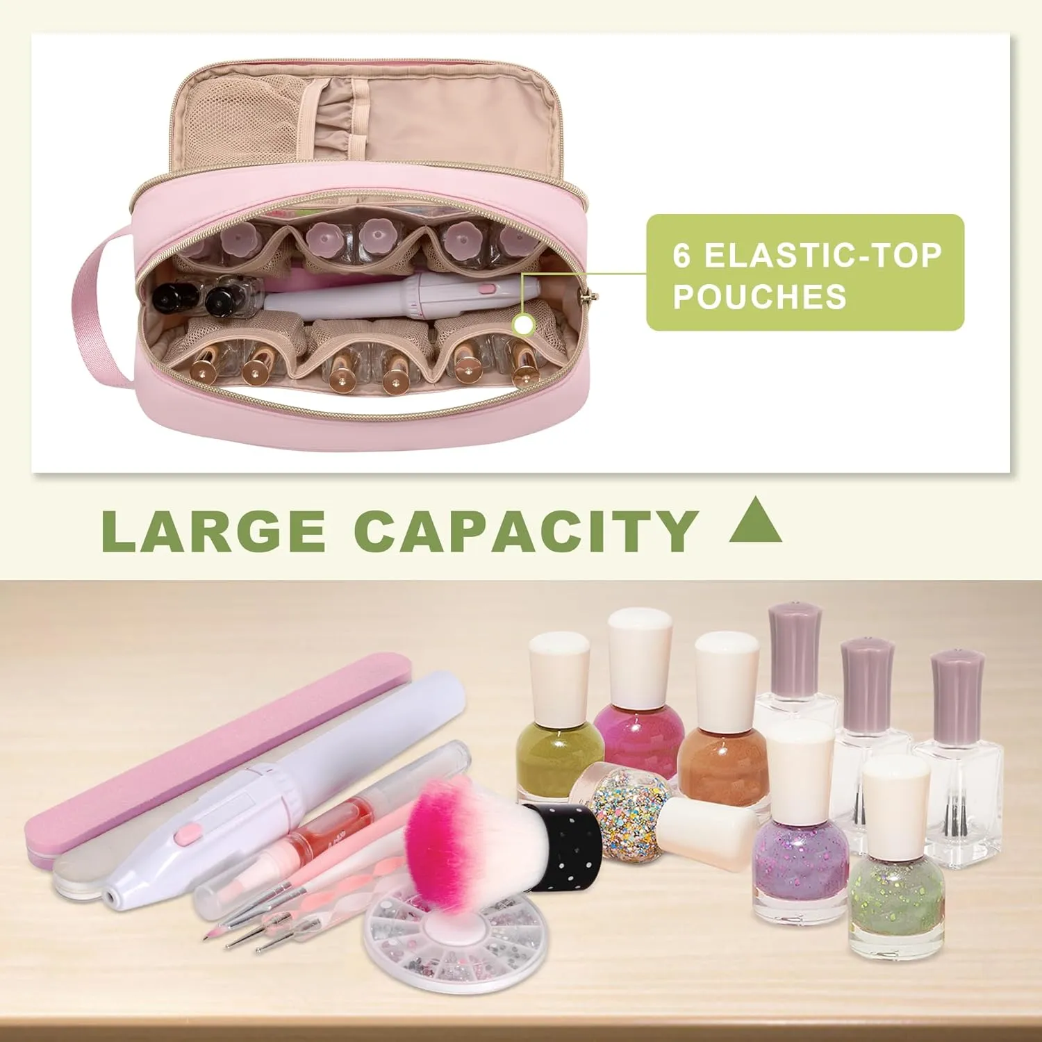 Nail Polish Organizer Case Fits 12 Bottles (15ml), Nail Polish Supplies Storage Bag with Clear Window, Pink