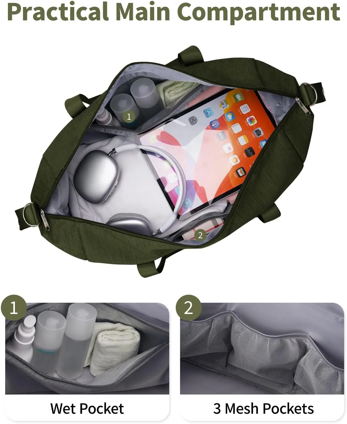 Narwey Carry on luaggage 22x14x9 Airlines Approved Foldable Carry on Bag Travel Duffel Packable Duffle with Wet Pocket Overnight for Women and Men 40L (Army Green)