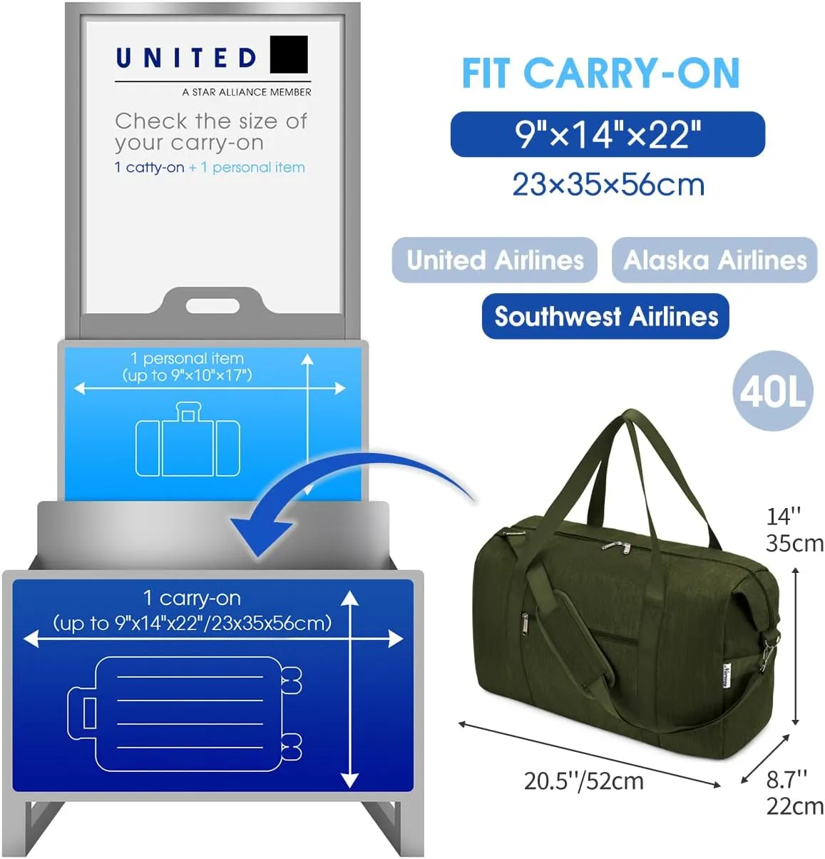 Narwey Carry on luaggage 22x14x9 Airlines Approved Foldable Carry on Bag Travel Duffel Packable Duffle with Wet Pocket Overnight for Women and Men 40L (Army Green)