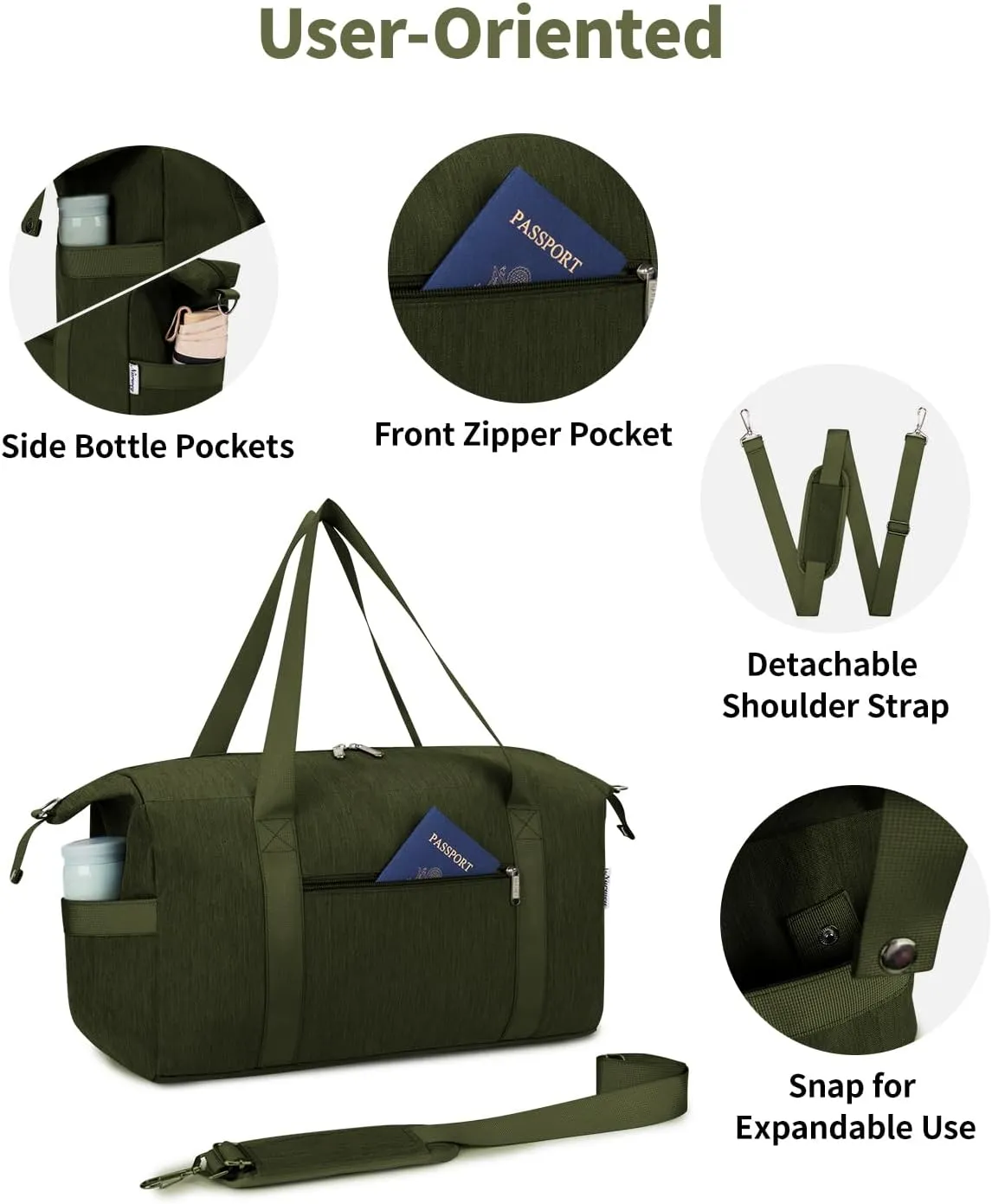Narwey Carry on luaggage 22x14x9 Airlines Approved Foldable Carry on Bag Travel Duffel Packable Duffle with Wet Pocket Overnight for Women and Men 40L (Army Green)