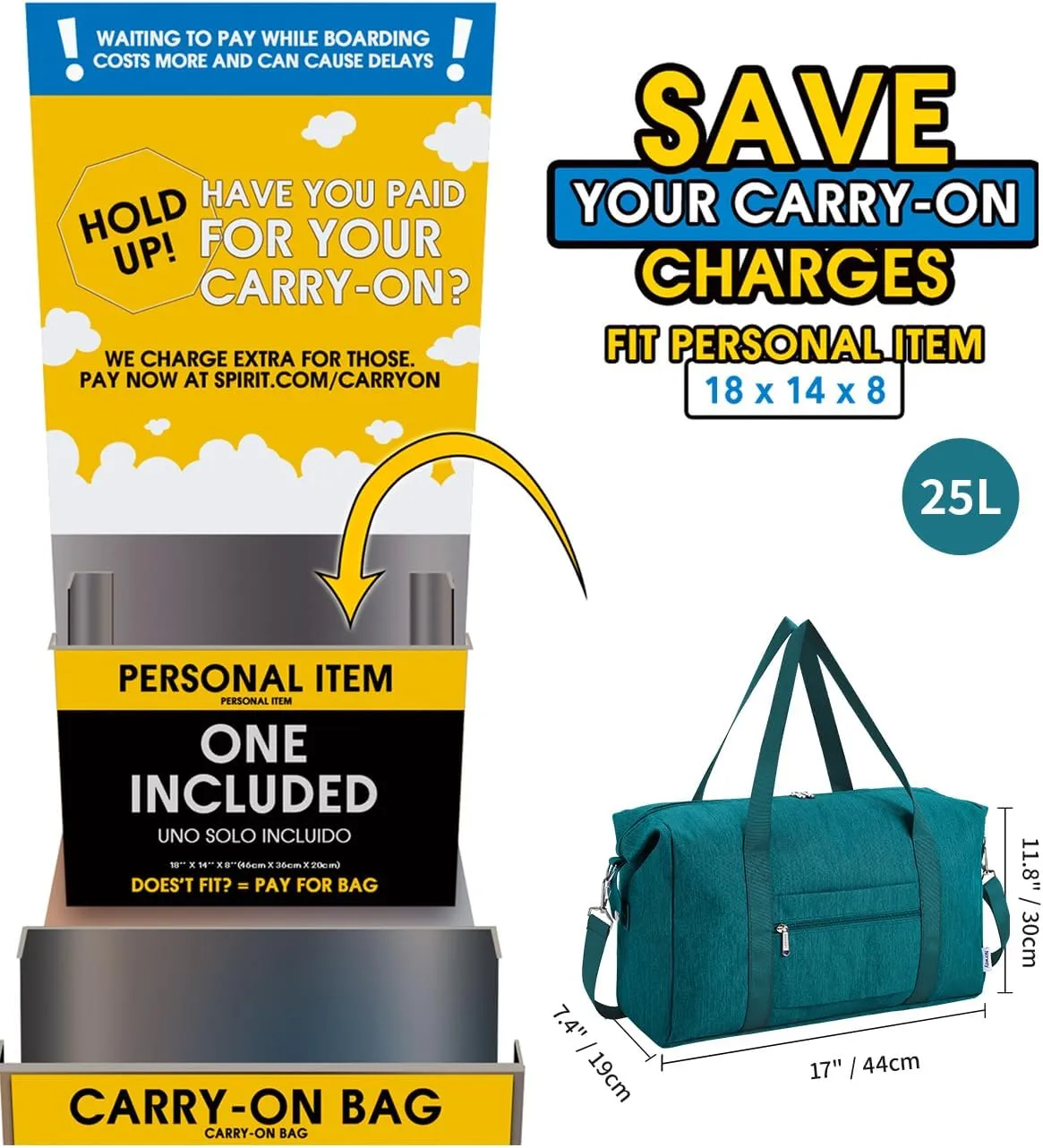 Narwey For Spirit Airlines Personal Item Bag 18x14x8 Foldable Duffle Bag for Travel Packable Duffel Bag for Traveling Carry on Bag for Airplanes Underseat Overnight for Women and Men (Teal)
