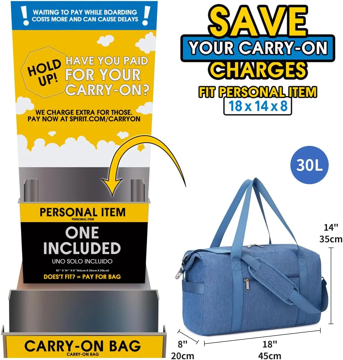 Narwey For Spirit Airlines Personal Item Bag 18x14x8 Travel Duffel Bag Carry on Bag Underseat for Airplane with Wet Pocket Small Gym Bag Weekender Overnight for Women and Men (Navy Blue)