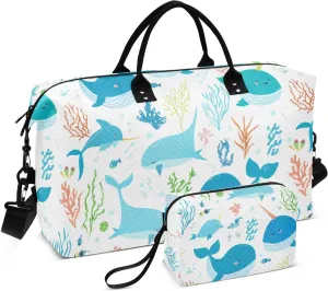 Narwhal Coral Bubbles White Sports Gym Bag for Women Men Travel Duffel Bag Weekend Overnight Carry on Bag with Toiletry Bag Training Handbag for Swimming Yoga Workout Plane Hospital