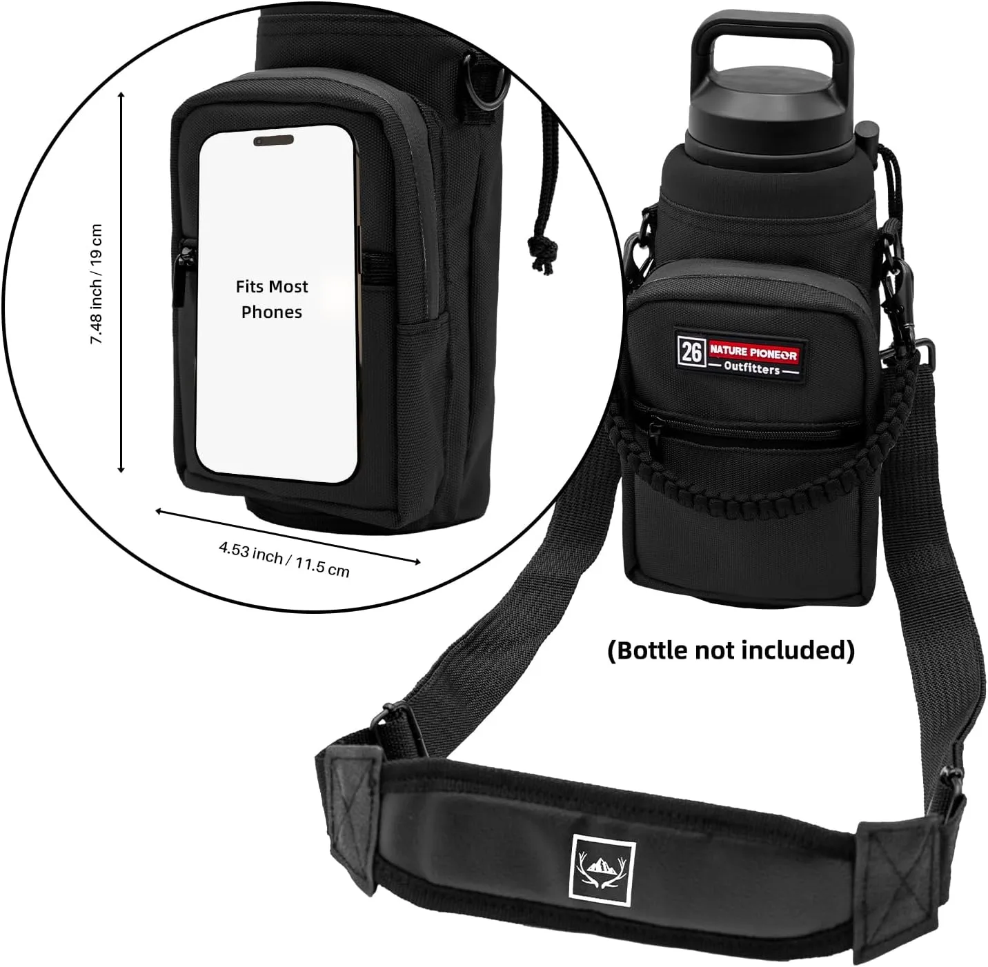 NATURE PIONEOR Water Bottle Carrier with Adjustable Strap - Insulated Sleeve Pouch Water Bottle Holder Bag with Paracord Handle & 2 Storage Pockets for 18/24/25/26/32/36/40/46oz, Hiking, Camping, Gym