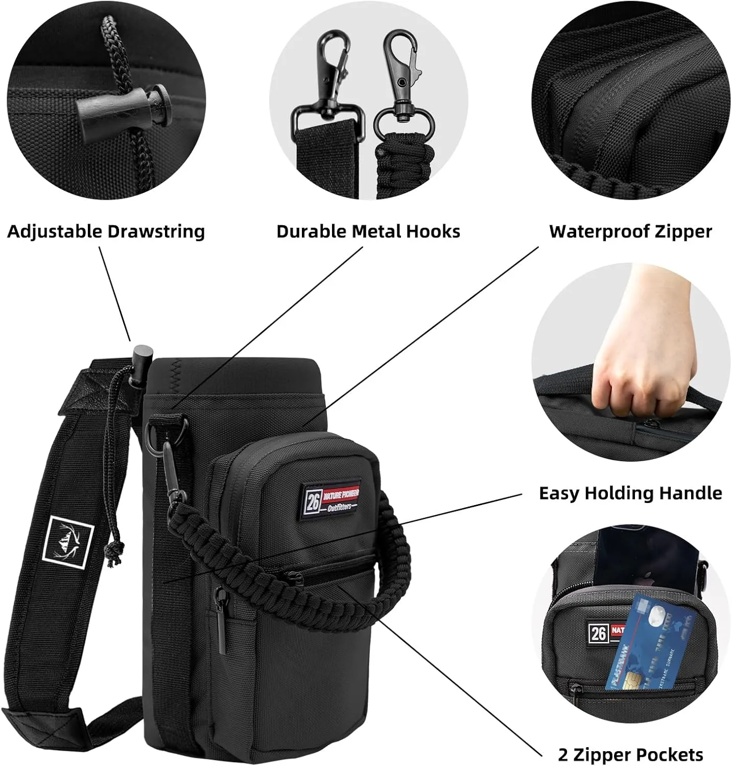 NATURE PIONEOR Water Bottle Carrier with Adjustable Strap - Insulated Sleeve Pouch Water Bottle Holder Bag with Paracord Handle & 2 Storage Pockets for 18/24/25/26/32/36/40/46oz, Hiking, Camping, Gym