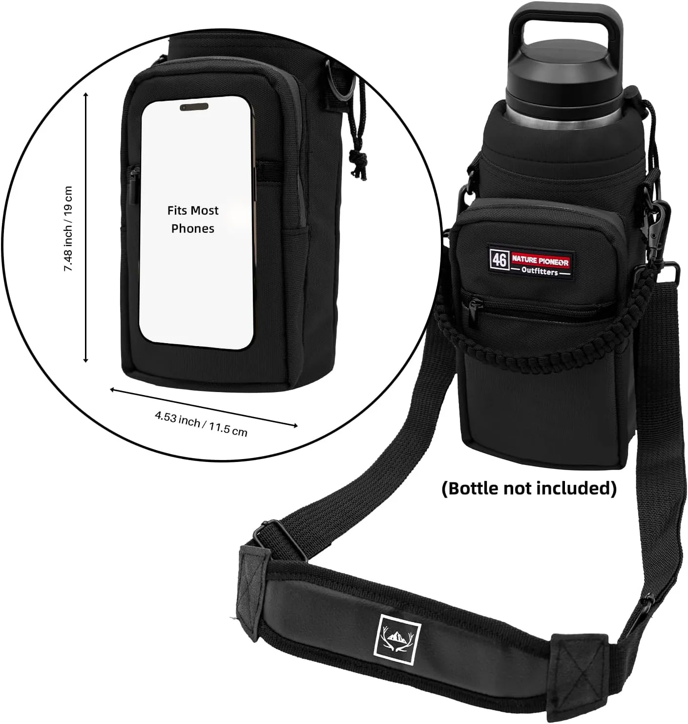 NATURE PIONEOR Water Bottle Carrier with Adjustable Strap - Insulated Sleeve Pouch Water Bottle Holder Bag with Paracord Handle & 2 Storage Pockets for 18/24/25/26/32/36/40/46oz, Hiking, Camping, Gym