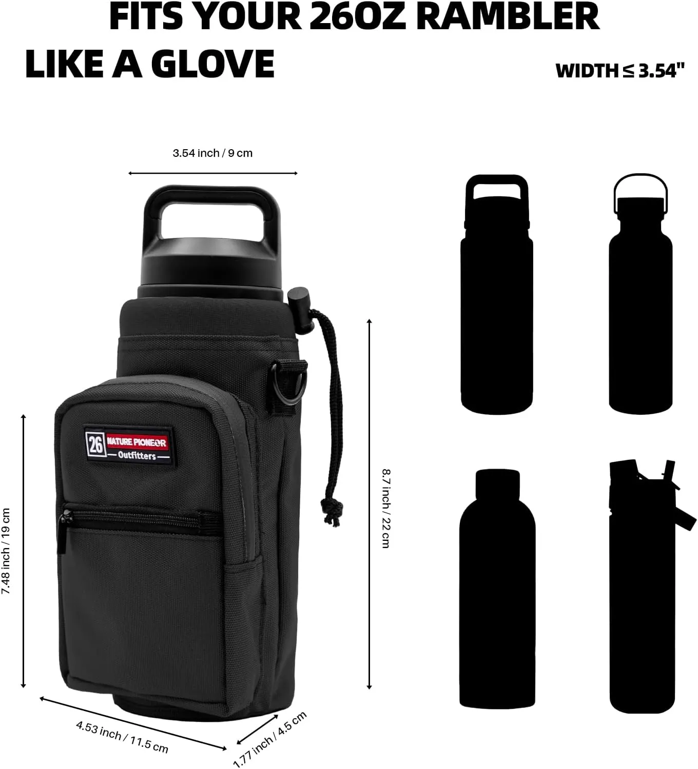 NATURE PIONEOR Water Bottle Carrier with Adjustable Strap - Insulated Sleeve Pouch Water Bottle Holder Bag with Paracord Handle & 2 Storage Pockets for 18/24/25/26/32/36/40/46oz, Hiking, Camping, Gym