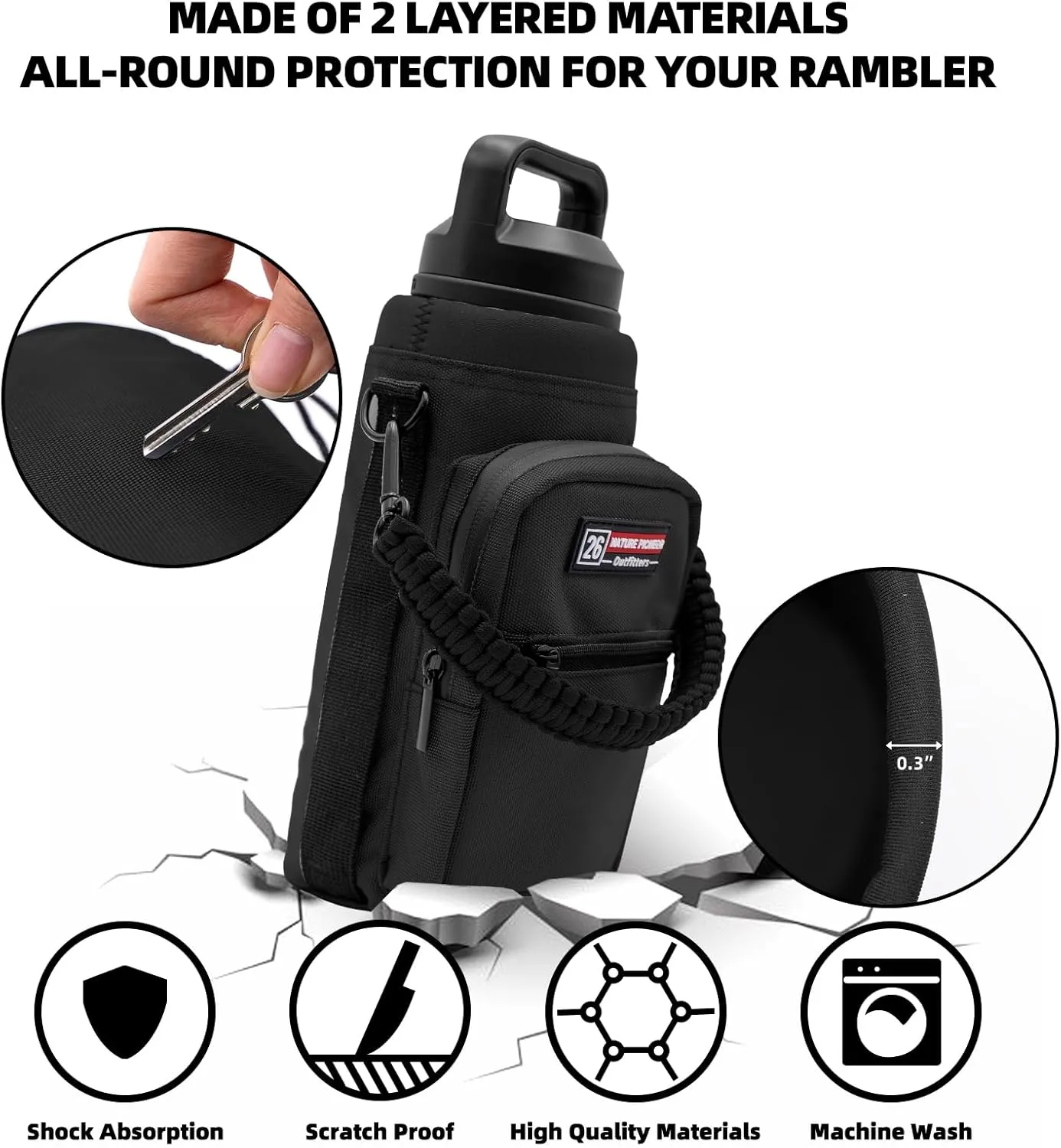 NATURE PIONEOR Water Bottle Carrier with Adjustable Strap - Insulated Sleeve Pouch Water Bottle Holder Bag with Paracord Handle & 2 Storage Pockets for 18/24/25/26/32/36/40/46oz, Hiking, Camping, Gym