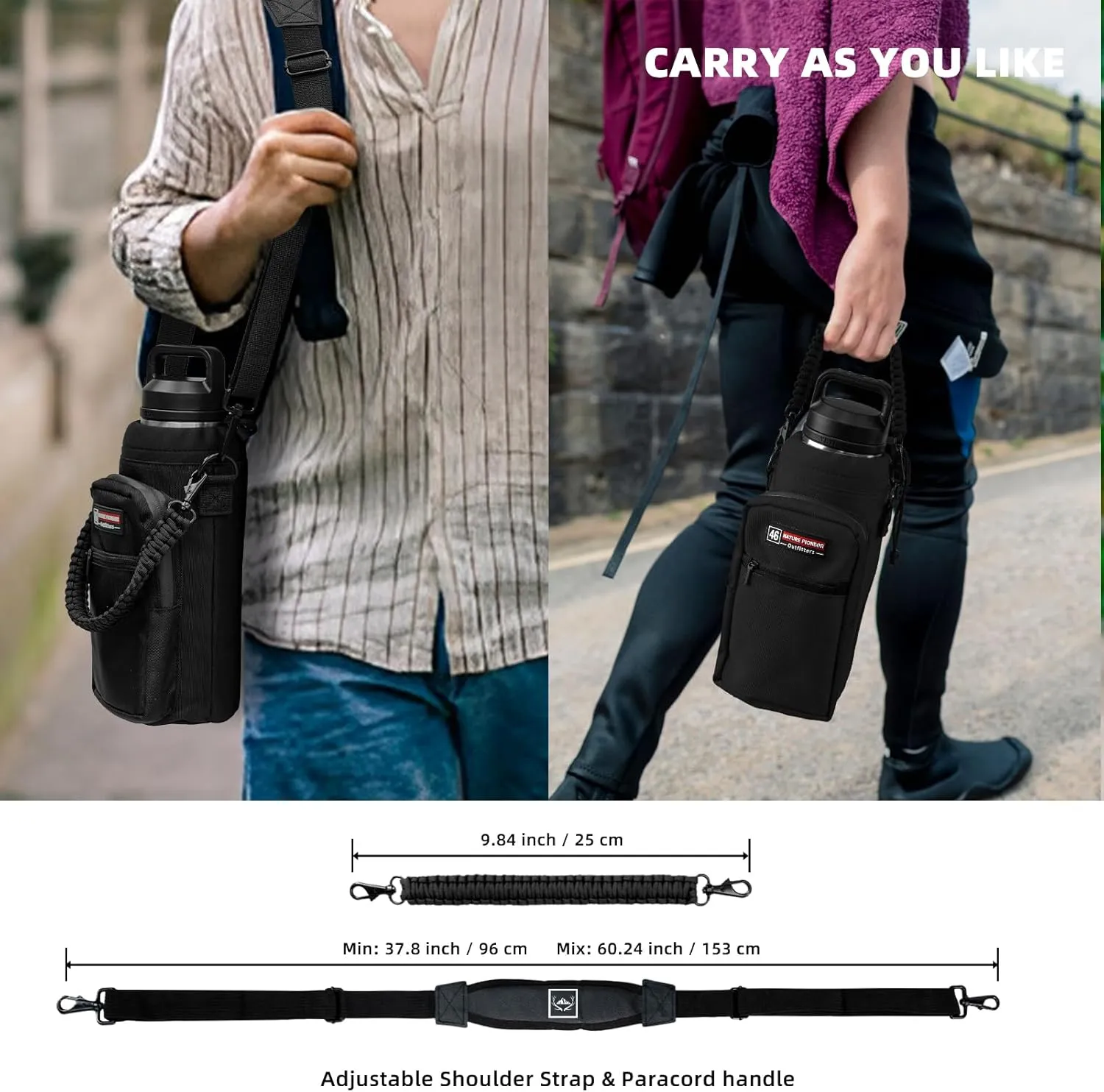 NATURE PIONEOR Water Bottle Carrier with Adjustable Strap - Insulated Sleeve Pouch Water Bottle Holder Bag with Paracord Handle & 2 Storage Pockets for 18/24/25/26/32/36/40/46oz, Hiking, Camping, Gym