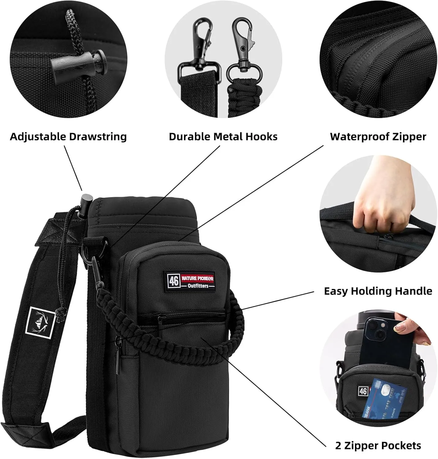 NATURE PIONEOR Water Bottle Carrier with Adjustable Strap - Insulated Sleeve Pouch Water Bottle Holder Bag with Paracord Handle & 2 Storage Pockets for 18/24/25/26/32/36/40/46oz, Hiking, Camping, Gym