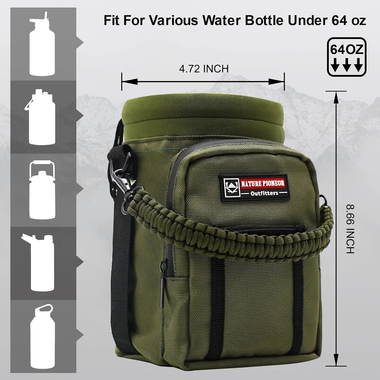 NATURE PIONEOR Water Bottle Holder with Strap 25 32 40 64 oz Insulated Water Bottle Carrier Sling Sleeve for Hiking,Outdoor Camping,Gym