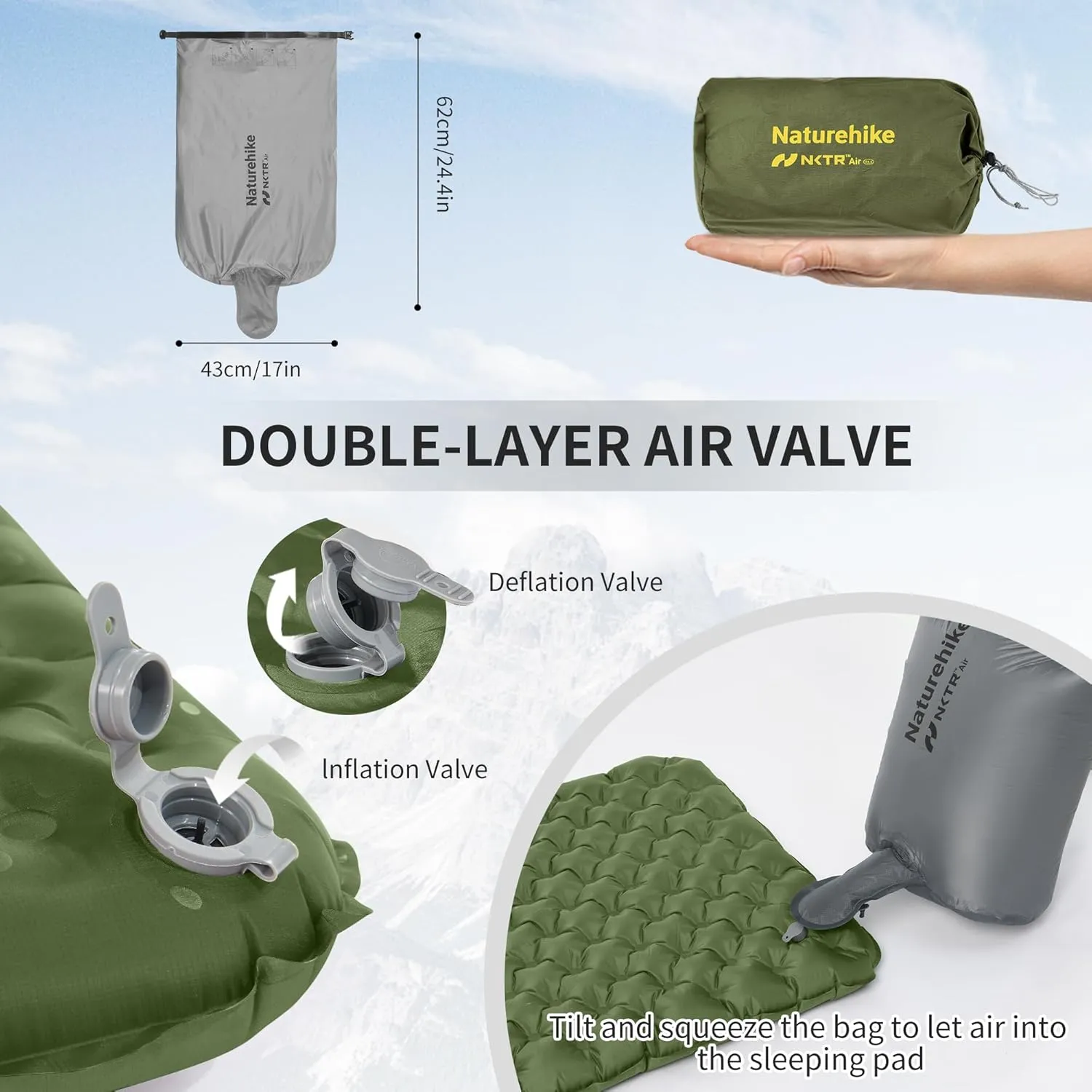 Naturehike Insulated Inflatable Sleeping Pad 27oz, 4.6R Ultralight Backpacking Sleeping Pad XL, NKTR™ AIR Lightweight Sleeping Mat for Camping, Hiking