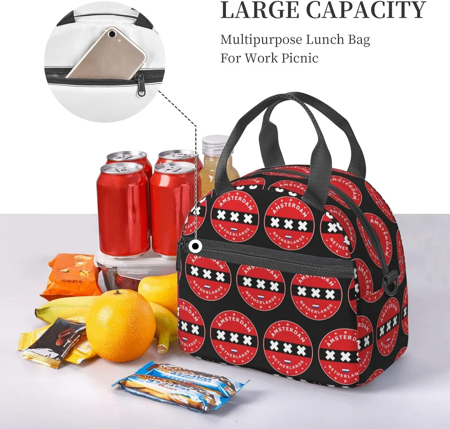 Netherlands Amsterdam Flag Circle Lunch Bag Portable Lunch Box Reusable Sling Lunchbags Insulated Tote Bags Cooler Meal Organizer with Removable Strap for Office Picnic