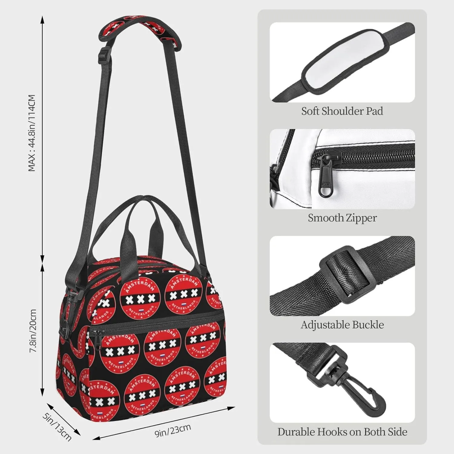 Netherlands Amsterdam Flag Circle Lunch Bag Portable Lunch Box Reusable Sling Lunchbags Insulated Tote Bags Cooler Meal Organizer with Removable Strap for Office Picnic