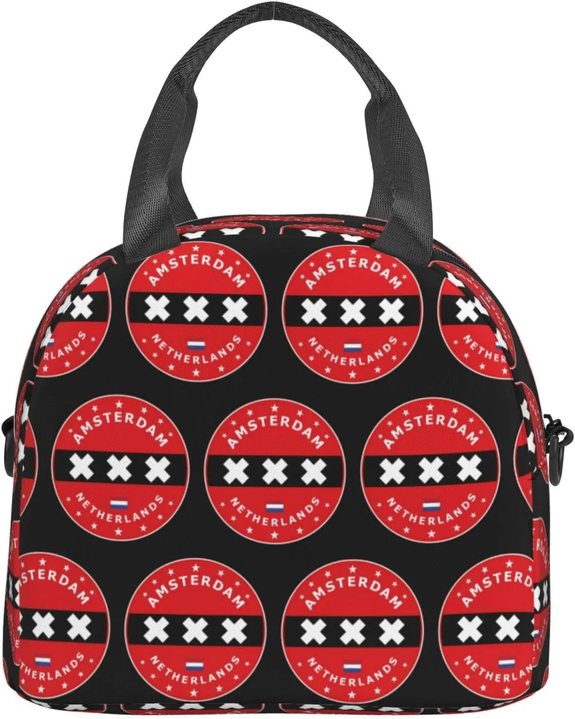 Netherlands Amsterdam Flag Circle Lunch Bag Portable Lunch Box Reusable Sling Lunchbags Insulated Tote Bags Cooler Meal Organizer with Removable Strap for Office Picnic