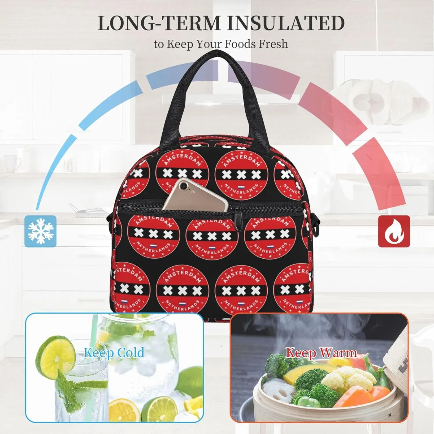 Netherlands Amsterdam Flag Circle Lunch Bag Portable Lunch Box Reusable Sling Lunchbags Insulated Tote Bags Cooler Meal Organizer with Removable Strap for Office Picnic