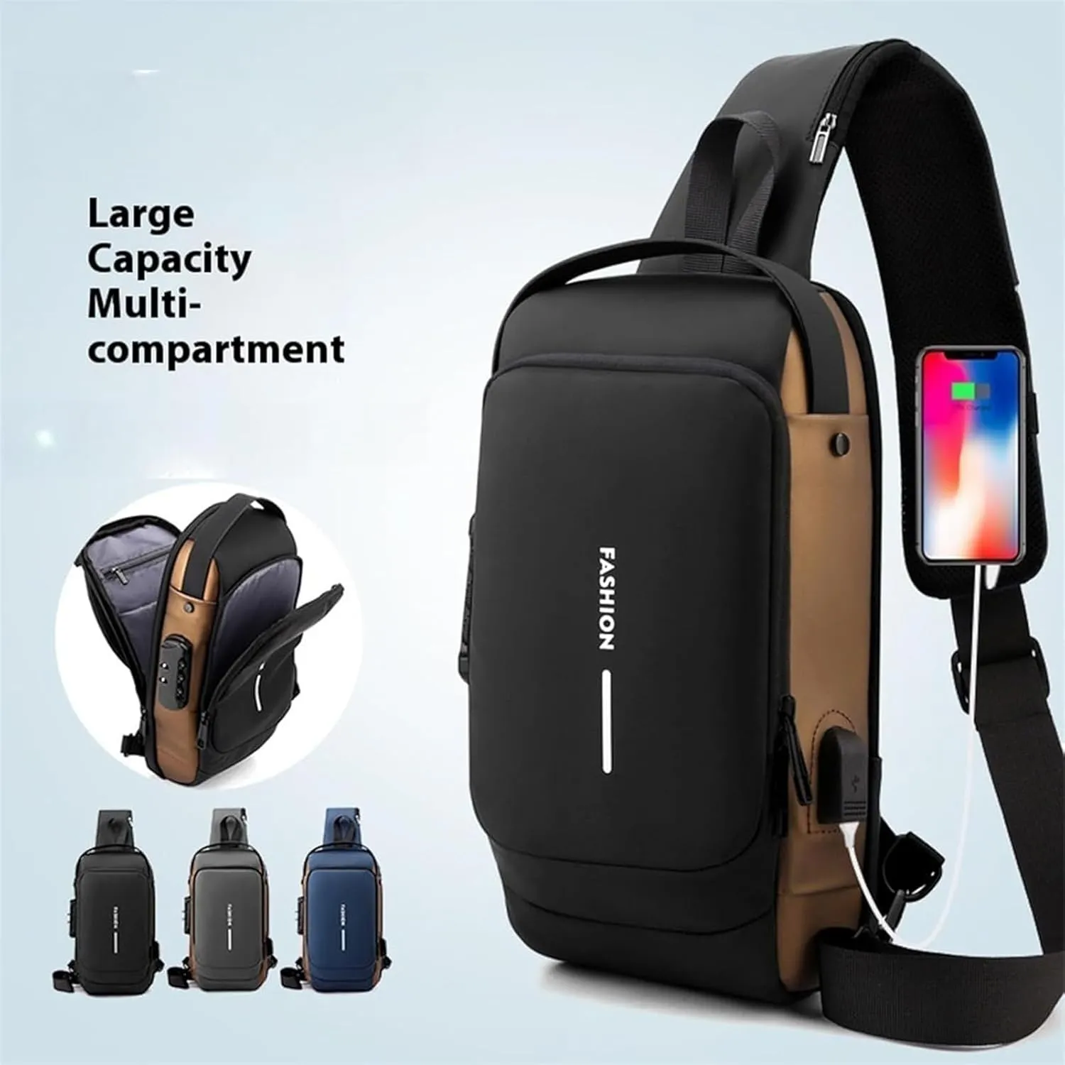New Carbon Fiber Streamline Anti, 2025 New Anti-Theft Backpack, Usb Waterproof, Crossbody, Sport Waterproof Shoulder Bag (blue)
