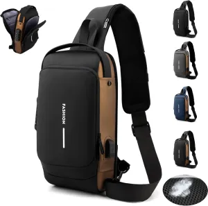 New Carbon Fiber Streamline Anti-Theft Sling Bag, USB Charging Waterproof Crossbody Backpack with Hidden Compartments (Black Gold)