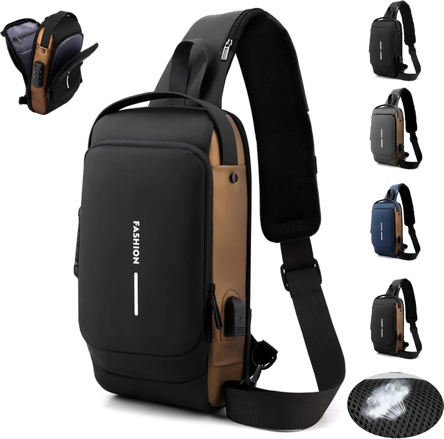 New Carbon Fiber Streamline Anti-Theft Sling Bag, USB Charging Waterproof Crossbody Backpack with Hidden Compartments (Black Gold)