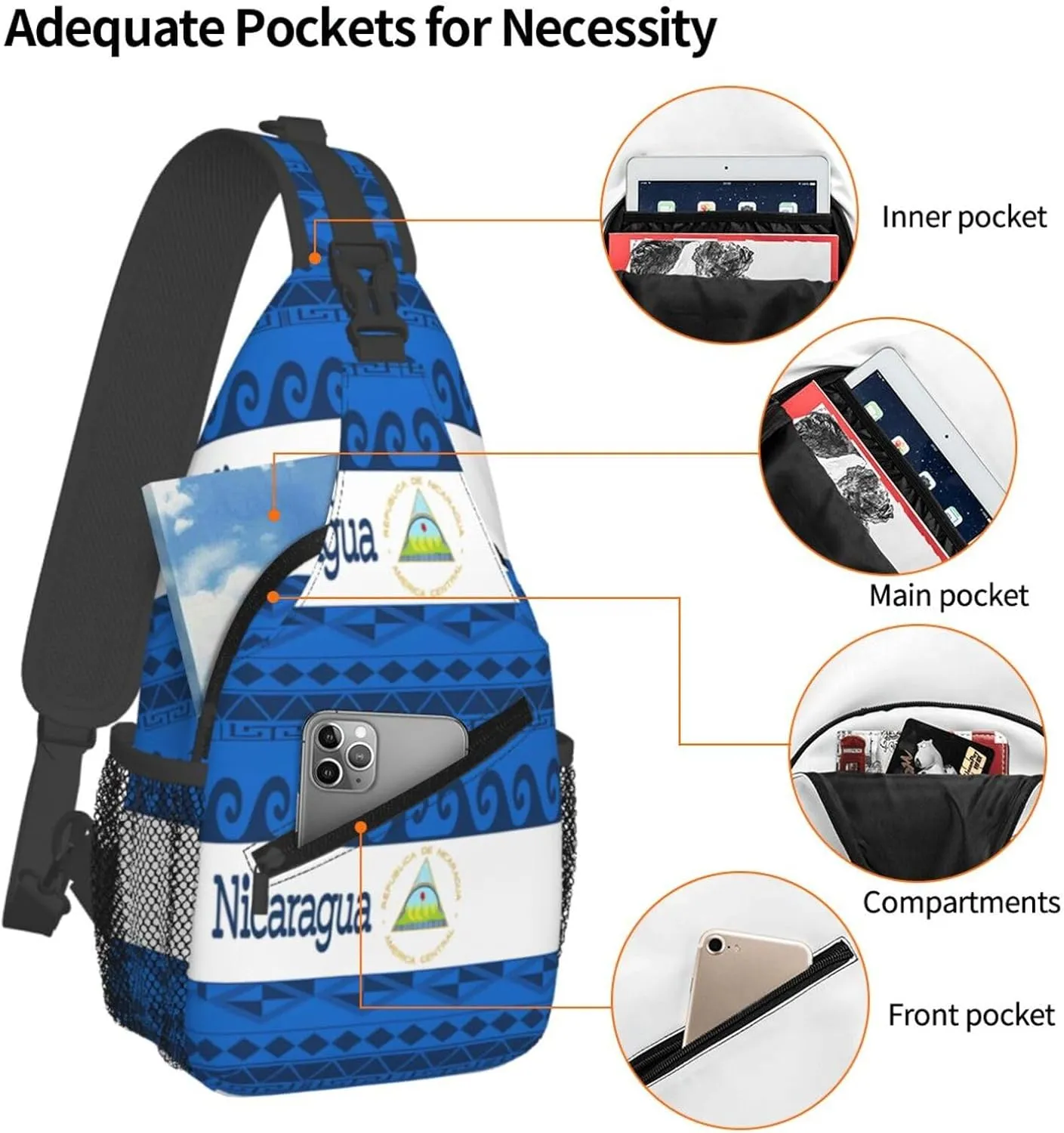 Nicaragua Flag Crossbody Bags Sling Backpack Cross Chest Bag Sports Shoulder Bag Gym Fanny Pack Adjustable Cycling Daypack Diagonally Rucksack for Running