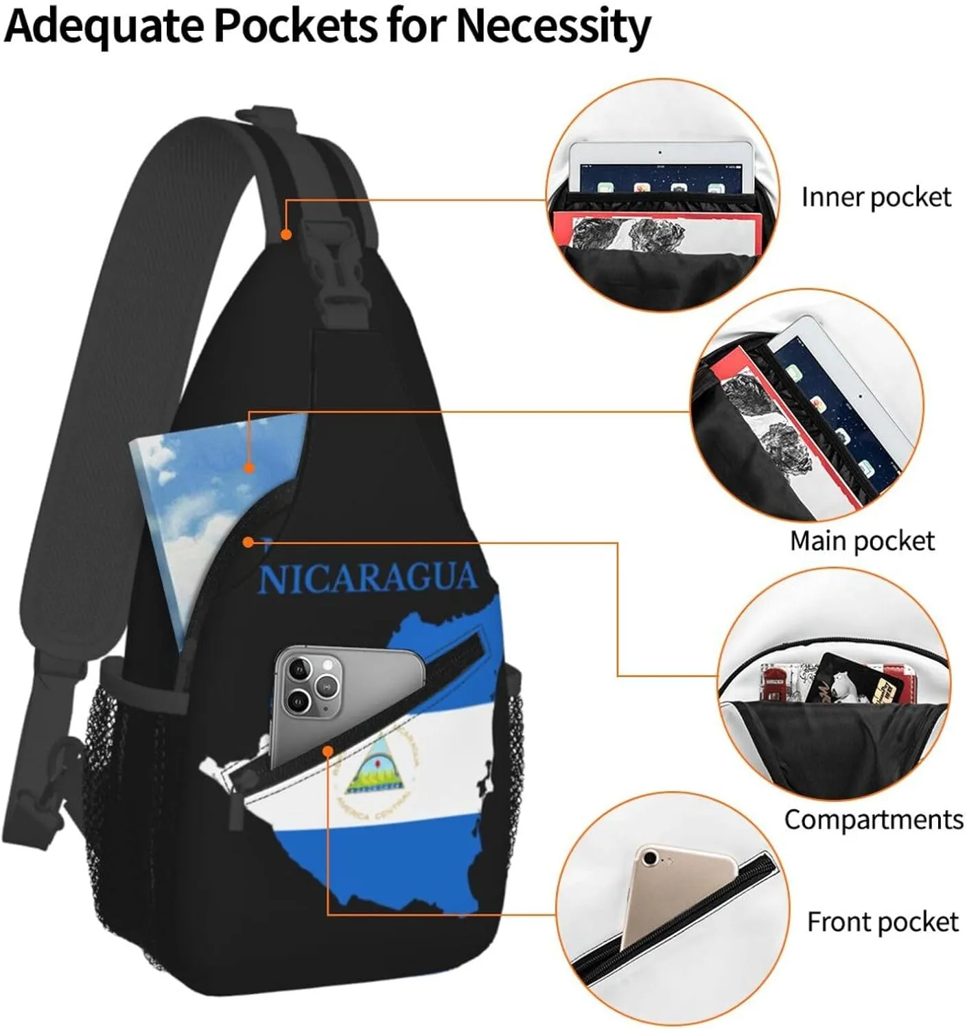 Nicaragua Map Flag Crossbody Bags Sling Backpack Cross Chest Bag Sports Shoulder Bag Gym Fanny Pack Adjustable Cycling Daypack Diagonally Rucksack for Running