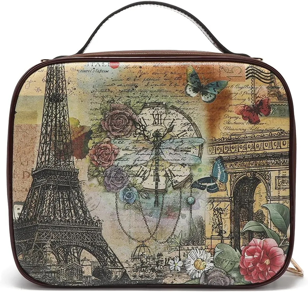Nicole Lee Travel Handbag Crossbody Set with 3 Fashion Print Makeup Pouches, Women's Cosmetic Toiletry Organizer (Paris Fashion Week)