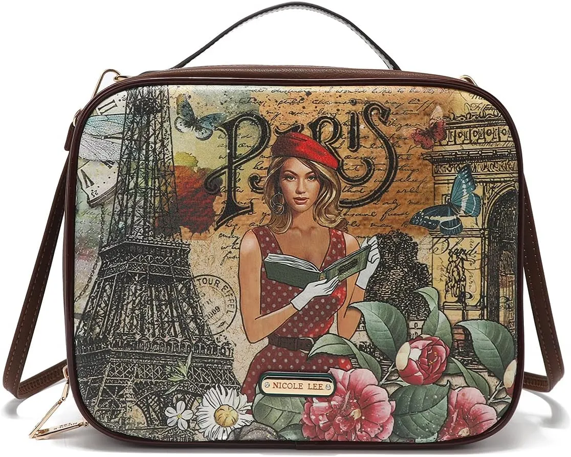 Nicole Lee Travel Handbag Crossbody Set with 3 Fashion Print Makeup Pouches, Women's Cosmetic Toiletry Organizer (Paris Fashion Week)