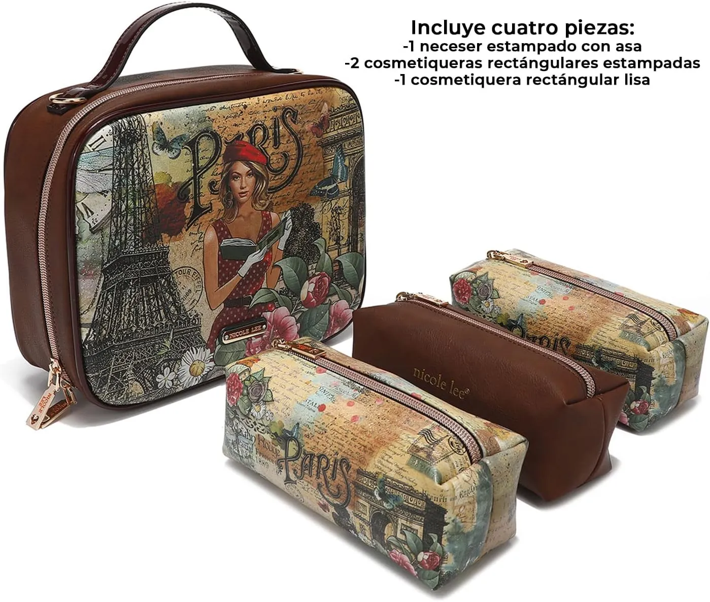 Nicole Lee Travel Handbag Crossbody Set with 3 Fashion Print Makeup Pouches, Women's Cosmetic Toiletry Organizer (Paris Fashion Week)