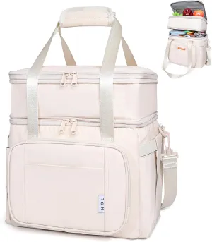 NOL Natural Organic Lifestyle Insulated Lunch Bag for Women/Men, Large Double-layer Expandable Leakproof Lunch Cooler Bag, Lunch Tote Bag With Side Tissue Pocket for Office Travel Picnic (Cream)