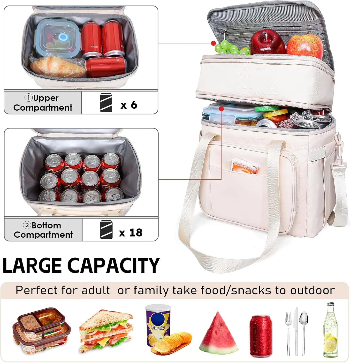 NOL Natural Organic Lifestyle Insulated Lunch Bag for Women/Men, Large Double-layer Expandable Leakproof Lunch Cooler Bag, Lunch Tote Bag With Side Tissue Pocket for Office Travel Picnic (Cream)