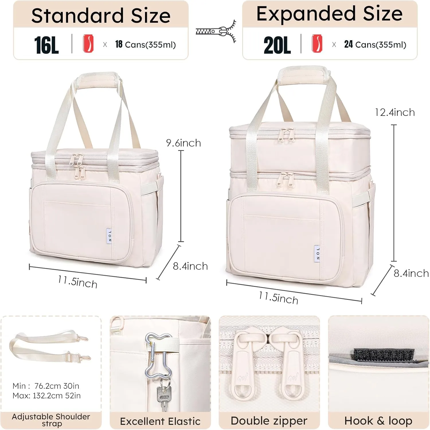 NOL Natural Organic Lifestyle Insulated Lunch Bag for Women/Men, Large Double-layer Expandable Leakproof Lunch Cooler Bag, Lunch Tote Bag With Side Tissue Pocket for Office Travel Picnic (Cream)