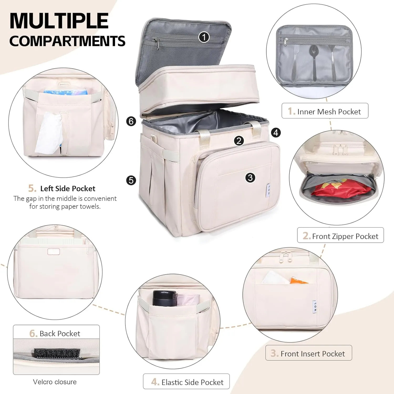 NOL Natural Organic Lifestyle Insulated Lunch Bag for Women/Men, Large Double-layer Expandable Leakproof Lunch Cooler Bag, Lunch Tote Bag With Side Tissue Pocket for Office Travel Picnic (Cream)
